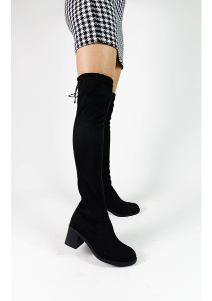 Siyah Süet Diz Üstü Çorap Streç Kalın Topuk Kadın Çizme fırsatları