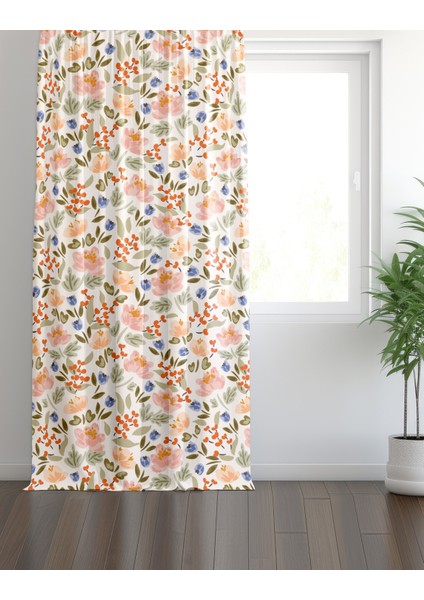 Krem Sevimli Kır Çiçeği Desenli Fon Perde