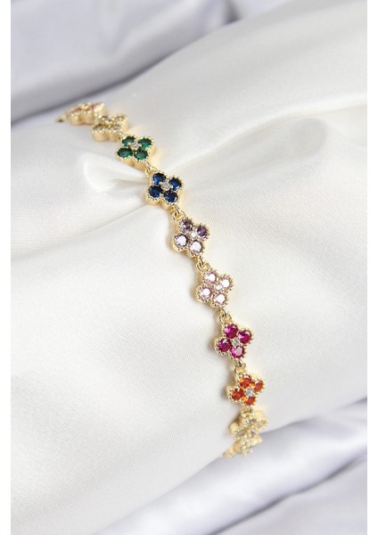 Vıp Pirinç Renkli Zirkon Taşlı Yonca Model Gold Renk Kadın Bileklik - TJ-BB7781