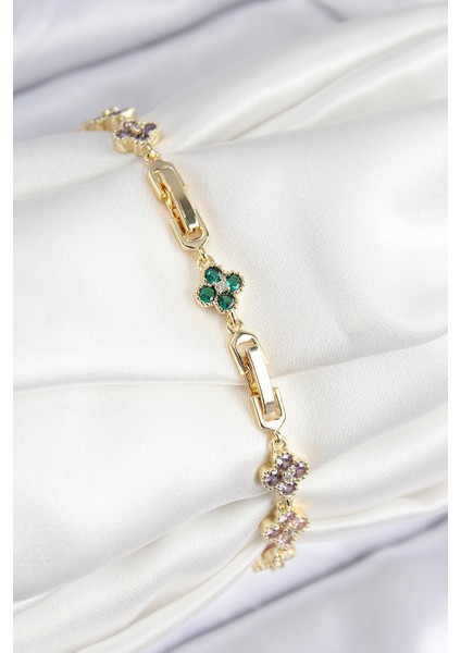 Vıp Pirinç Renkli Zirkon Taşlı Yonca Model Gold Renk Kadın Bileklik - TJ-BB7781 fiyatları
