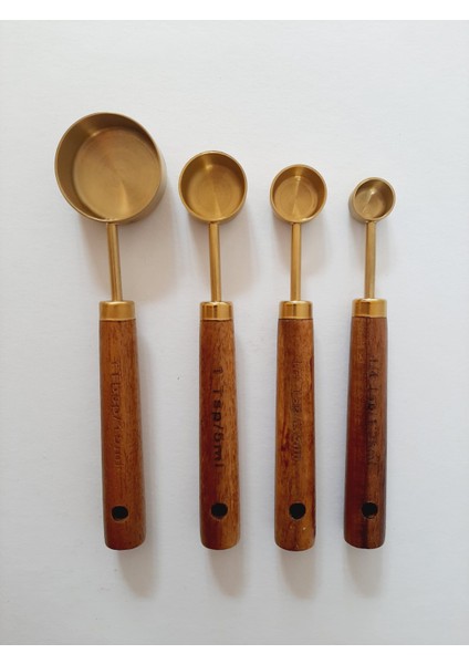 Gold Ölçü Kaşığı Seti 4lü Ahşap Saplı Ölçü Kaşığı Küçük Miktarları Ölçen Kaşıklar