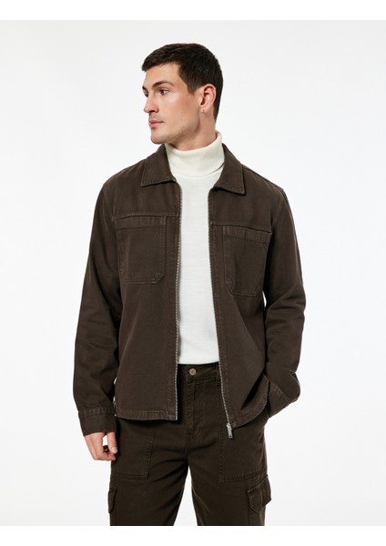 Regular Fit Klasik Yaka Cepli Pamuklu Fermuarlı Gömlek Ceket