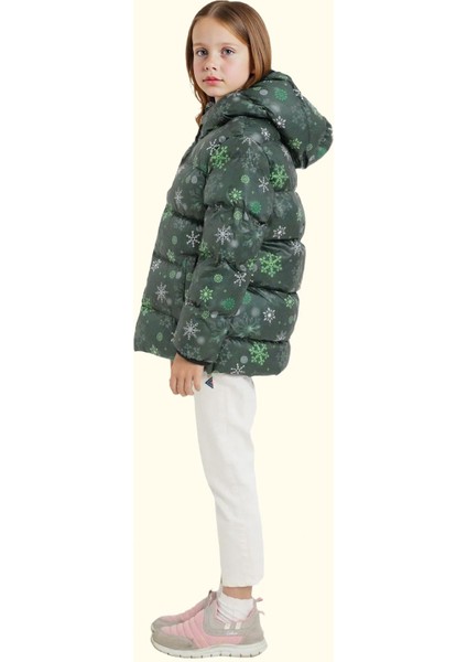 Kız Çocuk Pusula Desen Polar Su ve Rüzgar Geçirmez Kapüşonlu Şişme Kışlık Mont