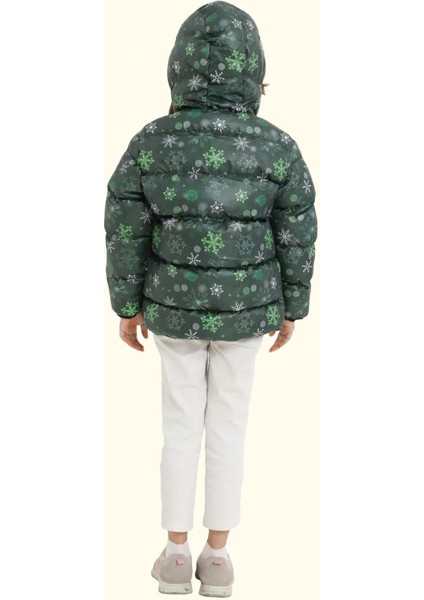 Kız Çocuk Pusula Desen Polar Su ve Rüzgar Geçirmez Kapüşonlu Şişme Kışlık Mont