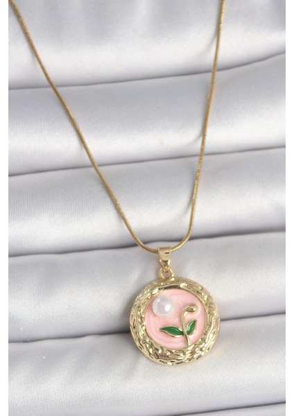 316L Çelik Gold Renk Zincir Pembe Çiçek Işlemeli Inci Detay Portre Model Kadın Kolye - TJ-BKO10079