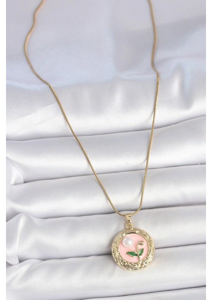 316L Çelik Gold Renk Zincir Pembe Çiçek Işlemeli Inci Detay Portre Model Kadın Kolye - TJ-BKO10079 fiyatları