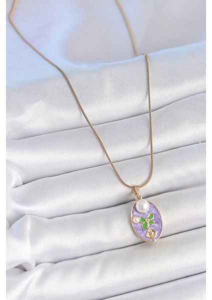 316L Çelik Gold Renk Zincir Mor Mineli Oval Incili Çiçek Işlemeli Portre Model Kadın Kolye - TJ-BKO10177 fiyatları