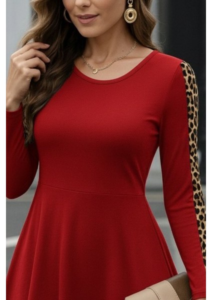 Kadın Uzun Kollu Bisiklet Yaka Kollar Leopar Detay Iki Iplik Mini Boy Elbise fiyatları