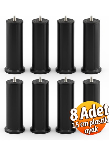 Keson 8 Adet 15 cm Siyah Plastik Mobilya Baza Tv Ünitesi Yükseltme Ayağı Robot Süpürge Uyumlu