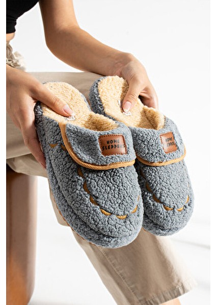 Kadın Gri Ev Terliği Ses Yapmaz Kalın Taban Kışlık Terlik