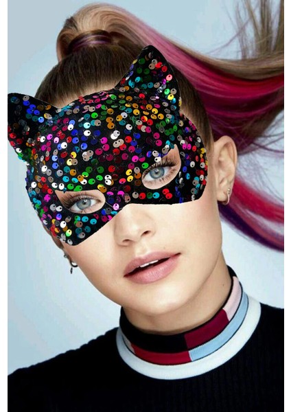 Siyah Kadife Kumaş Üzerine Rengarenk Payetli Pullu Parti Maskesi 16X14 cm - Lisinya fiyatları