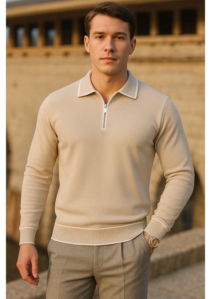 Erkek Çizgili Trend Uzun Kollu Bej Polo Yaka Kazak