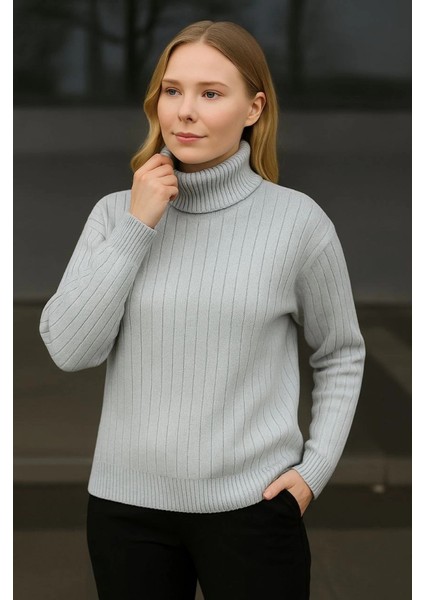 Balıkcı Yaka Bağazlı Triko Kazak Pamuklu Kalın Fitilli Dokuma - Gri