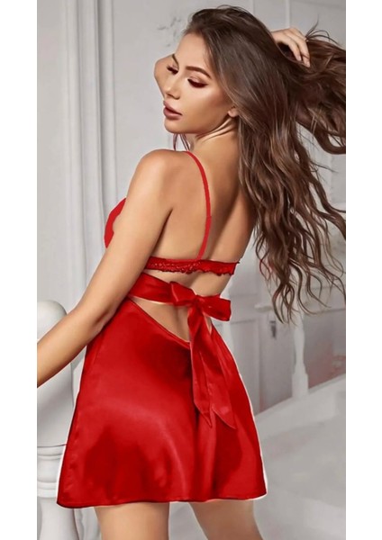 Kadın Kırmızı Şık Seksi Bağlamalı Askılı Saten Gecelik Sırt Yırtmaçlı Detaylı Dantelli