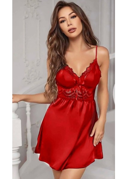 Kadın Kırmızı Şık Seksi Bağlamalı Askılı Saten Gecelik Sırt Yırtmaçlı Detaylı Dantelli fiyatları
