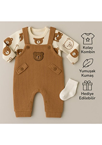 Bebek Erkek 3'lü Tulum Takımı - Ayıcık Desenli Badi Ayı Nakışlı Salopet ve Çorap Seti Pamuklu