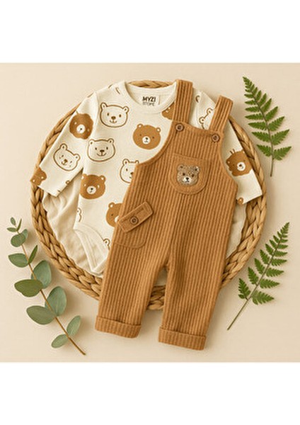 Bebek Erkek 3'lü Tulum Takımı - Ayıcık Desenli Badi Ayı Nakışlı Salopet ve Çorap Seti Pamuklu fırsatları