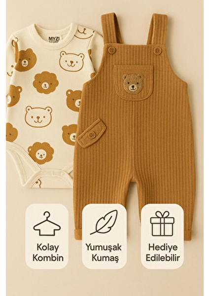 Bebek Erkek 3'lü Tulum Takımı - Ayıcık Desenli Badi Ayı Nakışlı Salopet ve Çorap Seti Pamuklu indirimleri
