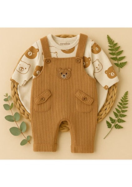 Bebek Erkek 3'lü Tulum Takımı - Ayıcık Desenli Badi Ayı Nakışlı Salopet ve Çorap Seti Pamuklu