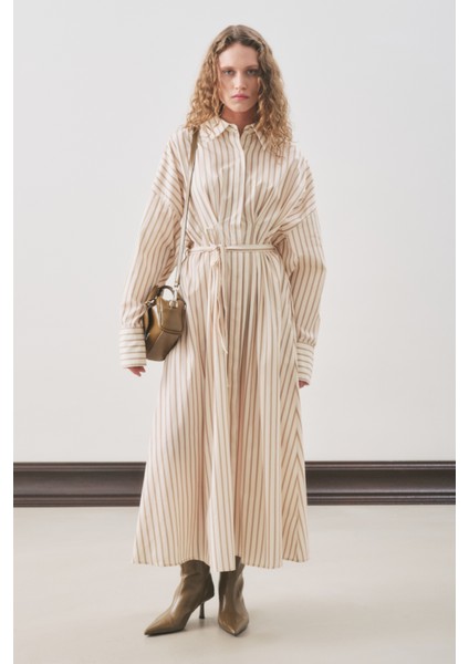 Pile Detaylı Gömlek Elbise Bej Çizgili