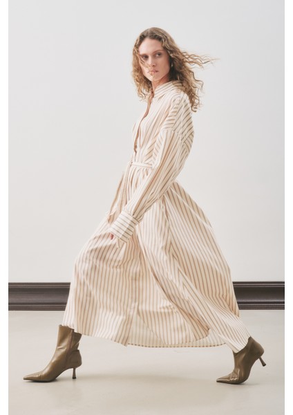 Pile Detaylı Gömlek Elbise Bej Çizgili fiyatları