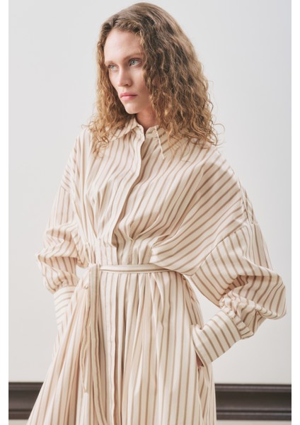 Pile Detaylı Gömlek Elbise Bej Çizgili modelleri