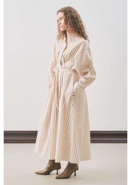 Pile Detaylı Gömlek Elbise Bej Çizgili fırsatları