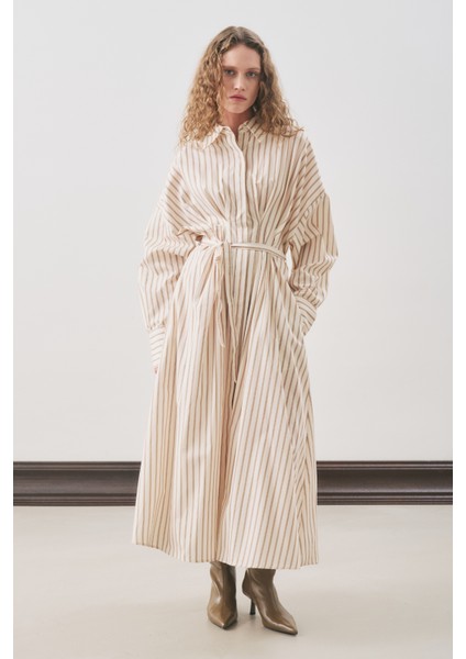 Pile Detaylı Gömlek Elbise Bej Çizgili indirimleri