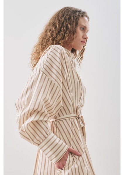 Pile Detaylı Gömlek Elbise Bej Çizgili