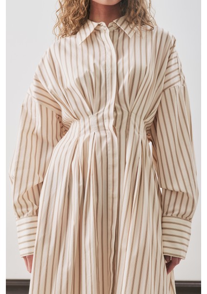 Pile Detaylı Gömlek Elbise Bej Çizgili