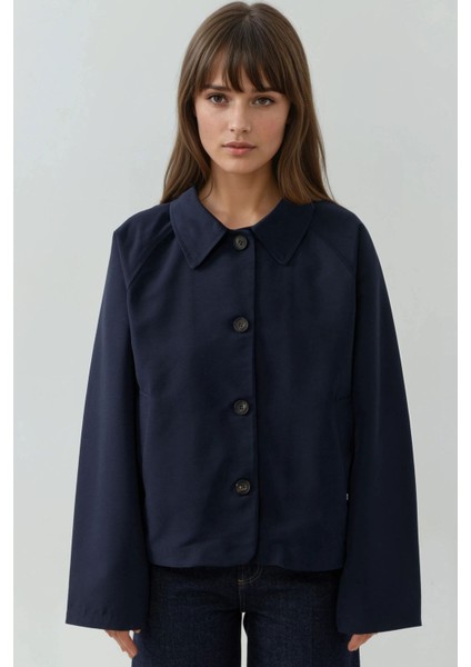 Kadın Düğmeli Içi Ekose Desenli Ceket Lacivert