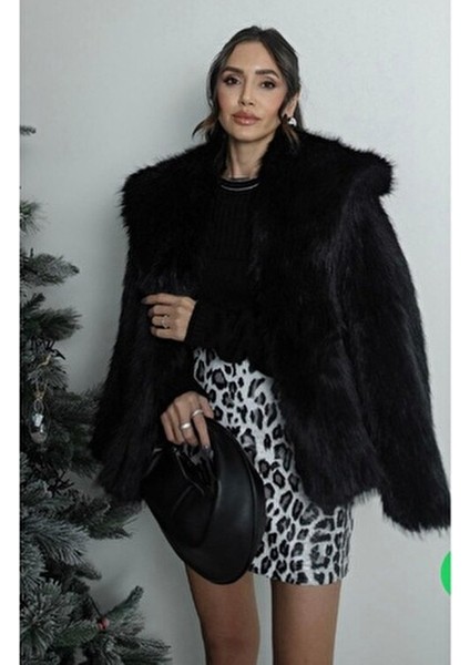 Kadın Siyah Premium Suni Kürk Ceket Uzun Kol Gündüz ve Gece Kullanımı İçin