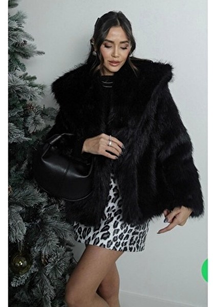Kadın Siyah Premium Suni Kürk Ceket Uzun Kol Gündüz ve Gece Kullanımı İçin