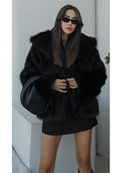 Kadın Siyah Premium Suni Kürk Ceket Uzun Kol Gündüz ve Gece Kullanımı İçin