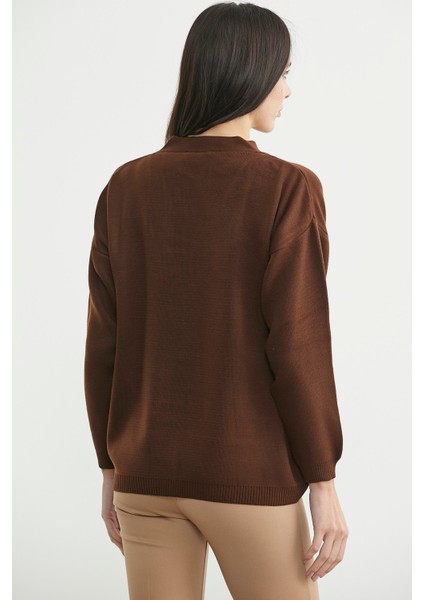 V Yaka Salaş Düğmeli Triko Hırka - Kahve indirimleri