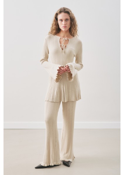 Volanlı Lastik Örgü Tunik Bej