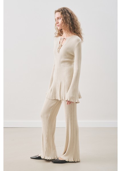 Volanlı Lastik Örgü Tunik Bej fiyatları