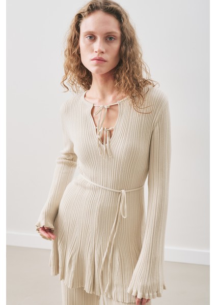 Volanlı Lastik Örgü Tunik Bej indirimleri
