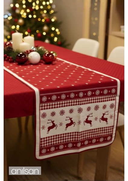 Kırmızı Noel Desenli Masa Runner Geyik ve Kar Tanesi Yılbaşı Masa Örtüsü 50x160