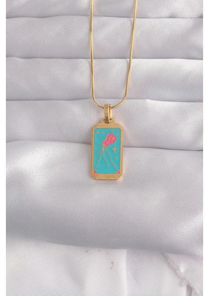 316L Çelik Gold Renk Mavi Mineli Tarot Kolye - TJ-BKO9030