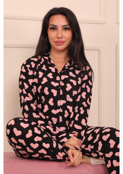 Kadın Kalp Desenli Önü Düğmeli Uzun Kol Altı Uzun Süet Pijama Takımı