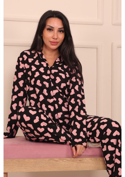 Kadın Kalp Desenli Önü Düğmeli Uzun Kol Altı Uzun Süet Pijama Takımı fiyatları