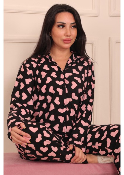 Kadın Kalp Desenli Önü Düğmeli Uzun Kol Altı Uzun Süet Pijama Takımı fırsatları