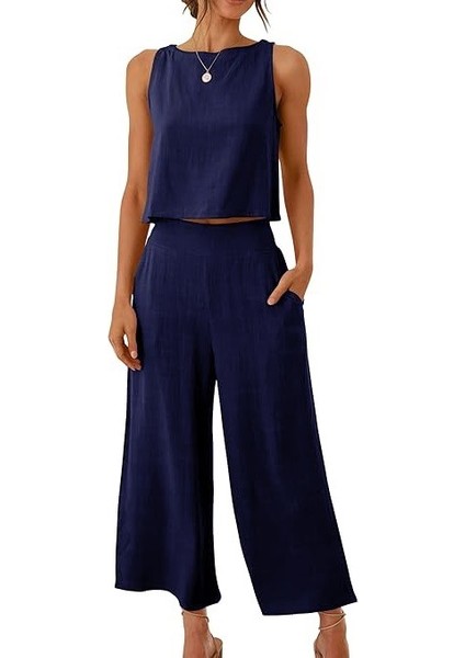 Keten Yazlık Yüksek Bel Kapri Pantolon Sırt Detaylı Kolsuz İkili Takım