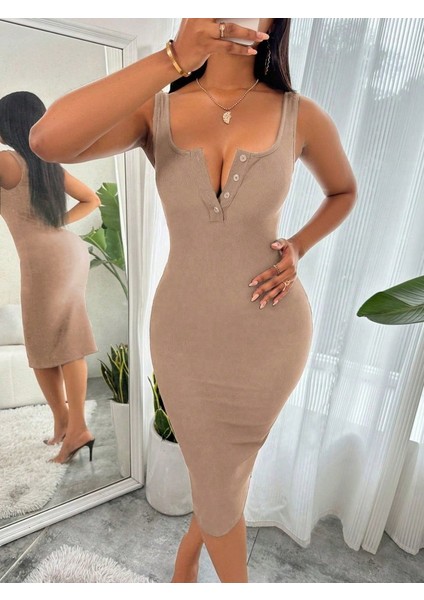 Kadın Askılı önü Düğmeli Midi Kaşkorse Elbise fiyatları