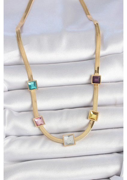 316L Çelik Gold Renk Italyan Zincir Model Kare Renkli Zirkon Taşlı Kadın Kolye - TJ-BKO10118 fiyatları