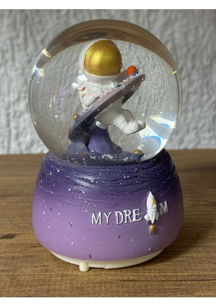 Gezegen Astronot Temalı Işıklı Müzikli Pilli Orta Boy Kar Küresi Dekoratif Hediyelik Eşya Müzik Kutusu