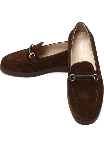 Kadın Kahverengi Tokalı Süet Deri Comfort Loafer 25AFD154010