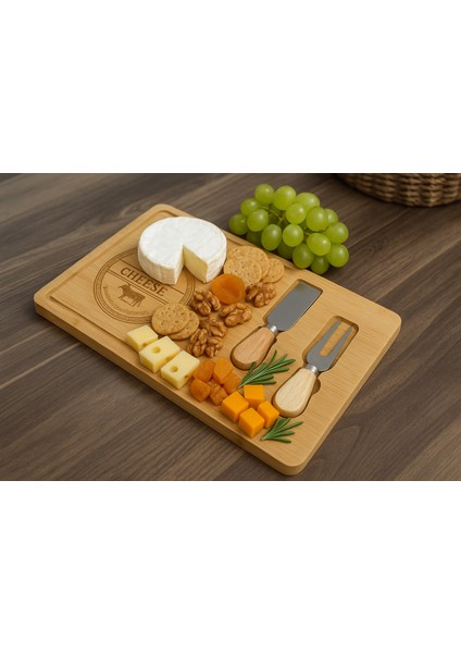 Bambu Peynir Sunum Tabağı Seti – 2’li | Bıçak ve Çatal Dahil Ahşap Peynir Servis Tahtası