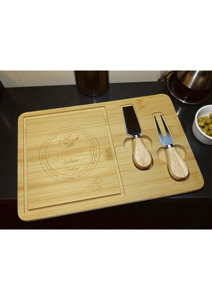 Bambu Peynir Sunum Tabağı Seti – 2’li | Bıçak ve Çatal Dahil Ahşap Peynir Servis Tahtası